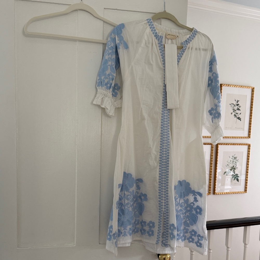 Julia Amory coatue White Cotton Tunic Dress with Blue Floral Embroidery